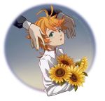  1girl :o ahoge bangs bletisan collar collared_shirt commentary deviantart_username emma_(yakusoku_no_neverland) english_commentary flower green_eyes grey_background hands holding holding_flower long_sleeves looking_up neck_tattoo number_tattoo open_mouth orange_hair shirt short_hair signature simple_background solo_focus sunflower tattoo upper_body watermark web_address white_background white_shirt yakusoku_no_neverland yellow_flower 