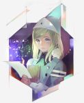  1girl animal animal_on_shoulder blonde_hair blue_eyes book coco_(tongari_boushi_no_atelier) copyright_name hat highres holding holding_book holding_paper long_hair looking_up nishihara_isao paper sleeping_animal solo tongari_boushi_no_atelier upper_body 