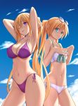  2girls :p bikini bikini_top blonde_hair blue_eyes breasts eyewear_on_head highres large_breasts lieselotte_sherlock long_hair looking looking_at_viewer multiple_girls nao_akinari official_art one_eye_closed purple_swimsuit selina_sherlock siblings smile swimsuit tongue tongue_out trinity_seven twins twintails violet_eyes 