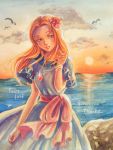  1girl artist_name bird blue_dress blush bracelet dress english_text flower glint hair_flower hair_ornament jewelry long_hair looking_at_viewer marin_(the_legend_of_zelda) morito_leaf9 necklace ocean orange_hair seagull short_sleeves sitting solo sun sunset the_legend_of_zelda the_legend_of_zelda:_link&#039;s_awakening 