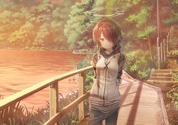  1girl absurdres arknights arms_behind_back black_legwear black_skirt breasts brown_eyes closed_mouth commentary_request exusiai_(arknights) forest goyain halo highres jacket looking_at_viewer nature outdoors pantyhose pole railing redhead short_hair short_sleeves skirt small_breasts smile solo stairs sunset water white_jacket 