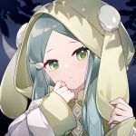  1girl :&lt; animal_ears animal_hood bangs blush bunny_hood closed_mouth commentary_request crying crying_with_eyes_open duel_monster eta evening_crescent_&amp;_autumn_shower fake_animal_ears green_eyes green_hair green_robe head_tilt hood hood_up hooded_robe long_hair long_sleeves parted_bangs rabbit_ears sleeves_past_wrists solo tears upper_body wide_sleeves yuu-gi-ou 