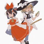  2girls amiminn1025 ascot black_eyes black_footwear black_hair black_headwear blonde_hair bow broom detached_sleeves feet_out_of_frame food frilled_ribbon frills hair_ribbon hair_tubes hakurei_reimu hat hat_bow holding holding_broom holding_food japanese_clothes kirisame_marisa miko multiple_girls open_mouth puffy_short_sleeves puffy_sleeves red_ribbon ribbon ribbon_trim sandwich short_sleeves simple_background socks touhou white_background white_bow witch_hat yellow_eyes 