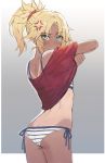  anger_vein ass back bangs bikini blonde_hair blush border braid breasts dark_skin fate/apocrypha fate_(series) french_braid gradient gradient_background green_eyes grey_background hair_ornament hair_scrunchie long_hair looking_at_viewer looking_back mordred_(fate) mordred_(fate)_(all) parted_bangs ponytail red_scrunchie red_shirt scrunchie shirt shirt_lift short_sleeves sidelocks small_breasts swimsuit tan tanline thighs tonee white_bikini white_border 