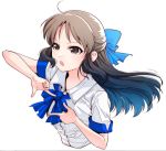  1girl antenna_hair ariichi_kyuu blue_bow blue_cuffs blue_neckwear bow brown_hair collared_shirt eyebrows_visible_through_hair gradient_hair half_updo idolmaster idolmaster_cinderella_girls idolmaster_cinderella_girls_starlight_stage multicolored_hair open_mouth pose profile shirt short_sleeves tachibana_arisu upper_body white_shirt white_sleeves 