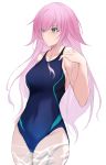  1girl absurdres bangs bare_arms bare_shoulders blue_eyes blue_swimsuit breasts closed_mouth collarbone cowboy_shot eyebrows_visible_through_hair hair_over_one_eye hand_up highres long_hair looking_away medium_breasts nijisanji one-piece_swimsuit pink_hair simple_background solo standing swimsuit very_long_hair virtual_youtuber water white_background yuki_maccha_(yukimattya10) yuuhi_riri 