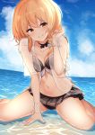  1girl absurdres bikini black_bikini blonde_hair blue_sky bow braid breasts hair_bow head_tilt highres kirisame_marisa kozomezuki long_hair navel outdoors see-through side_braid sky small_breasts solo stomach summer swimsuit touhou water white_bow yellow_eyes 