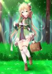  1girl absurdres bad_proportions belt blonde_hair blush book bow braid breasts brown_footwear day forest frills full_body green_eyes green_skirt hair_ornament hand_up highres luggage medium_breasts nature original outdoors pointy_ears red_bow red_neckwear skirt smile standing standing_on_one_leg sunlight thigh-highs white_legwear yukimura_usagi 