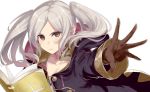  1girl book brown_eyes brown_gloves closed_mouth collarbone fire_emblem fire_emblem_awakening gloves haru_(nakajou-28) hood hood_down long_sleeves open_book robin_(fire_emblem) robin_(fire_emblem)_(female) solo twintails upper_body white_background white_hair 