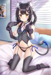  1girl absurdres animal_ear_fluff animal_ears bangs bare_shoulders bell black_hair black_panties blue_ribbon blush breasts brown_eyes cat_ears cat_paws cat_tail commentary_request fate/kaleid_liner_prisma_illya fate_(series) gloves grey_legwear hair_ornament hair_ribbon hairclip highres illyasviel_von_einzbern indoors kneeling long_hair looking_at_viewer miyu_edelfelt navel no_shoes panties paw_gloves paws pillow ribbon small_breasts solo tail thigh-highs underwear wavy_mouth white_ribbon zeroillya 