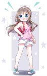  1girl amimi backpack bag blue_eyes blue_footwear brown_hair full_body hand_on_hip legs long_hair no_socks open_mouth original pink_tank_top ponytail randoseru ribbon shoes short_shorts shorts solo tank_top white_shorts 