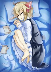  barefoot black_skirt black_vest closed_eyes fetal_position hair_ribbon highres long_sleeves lying manekinekoppoi_inu on_bed on_side parted_lips petticoat pillow ribbon rumia skirt sleeping socks_removed solo_focus touhou vest 