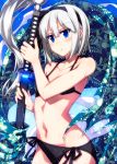 1girl :o bikini black_bikini blue_background blue_eyes blush breasts collarbone commentary_request eyebrows_visible_through_hair glint hair_between_eyes hairband highres holding holding_sword holding_weapon konpaku_youmu konpaku_youmu_(ghost) looking_at_viewer navel sazanami_mio sheath sheathed short_hair side-tie_bikini silver_hair small_breasts solo swimsuit sword touhou water_drop weapon wet 