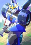  1girl autobot blue_eyes gun holding holding_gun holding_weapon insignia looking_at_viewer mecha nikki_koha pursed_lips running solo strongarm_(transformers) transformers transformers:_robots_in_disguise_(2015) v-fin v-shaped_eyebrows weapon 