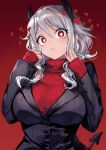  1girl black_horns black_suit blush breasts demon_girl demon_horns demon_tail guchico heart heart-shaped_pupils helltaker highres horns large_breasts long_sleeves looking_at_viewer modeus_(helltaker) red_eyes red_sweater ribbed_sweater shirt short_hair solo sweater symbol-shaped_pupils tail turtleneck white_hair 