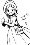  1girl :d bag bow commentary_request dot_nose dress feet_out_of_frame handheld_game_console hat high_contrast highres holding holding_handheld_game_console katsuwo_(cr66g) kise_sacchan looking_at_viewer medium_hair mitsuboshi_colors monochrome open_mouth shoulder_bag smile solo star_(symbol) white_background 