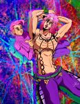  2boys bodysuit brown_eyes confused diavolo fishnet_bodysuit fishnets freckles green_eyes highres jojo_no_kimyou_na_bouken lipstick long_hair makeup male_focus midriff multiple_boys navel pants patterned_background pink_hair ponytail pose purple_hair purple_lipstick rainbow_background ribbed_sweater smf_frieza striped striped_sweater sweater turtleneck turtleneck_sweater vento_aureo vinegar_doppio yellow_eyes 