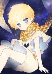  1boy blonde_hair blue_eyes blush fate/grand_order fate/requiem fate_(series) floating highres male_focus oumi_sanaka robe scarf space star_(sky) voyager_(fate/requiem) yellow_scarf 