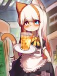  1girl animal_ears apron black_dress blonde_hair cat_ears cat_tail cup dress drinking_glass furry hannzouvrc heterochromia highres long_hair maid original skirt_hold smile solo tail tray upper_body white_apron 