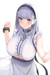  1girl :o anchor_choker apron azur_lane bangs bare_shoulders black_hairband black_skirt blunt_bangs blurry blurry_background blush bracelet breasts center_frills choker commentary_request depth_of_field dido_(azur_lane) eyebrows_visible_through_hair frilled_apron frilled_choker frilled_shirt frills hairband jewelry lace-trimmed_hairband large_breasts long_hair looking_at_viewer maid_apron marble_(marblesized) shirt sidelocks silver_hair simple_background skirt sleeveless sleeveless_shirt solo standing under_boob underboob_cutout upper_body violet_eyes w_arms waist_apron white_apron white_background 