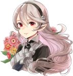  1girl blush breasts closed_mouth corrin_(fire_emblem) corrin_(fire_emblem)_(female) fire_emblem fire_emblem_fates flower grey_hair hair_between_eyes hairband haru_(nakajou-28) long_hair looking_at_viewer medium_breasts pointy_ears red_eyes simple_background smile solo white_background 