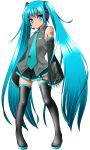  1girl aqua_eyes aqua_hair bangs black_legwear boots breasts detached_sleeves dr_rex eyebrows_visible_through_hair full_body hatsune_miku headset highres long_hair looking_at_viewer necktie small_breasts solo standing tattoo thigh-highs thigh_boots twintails very_long_hair vocaloid vocaloid_boxart_pose white_background 