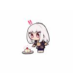  !! 1girl artist_name cake chibi do_m_kaeru fire_emblem fire_emblem:_three_houses food garreg_mach_monastery_uniform long_hair long_sleeves lysithea_von_ordelia pink_eyes plate simple_background solo uniform white_background white_hair 