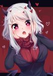  1girl blush breasts demon_girl demon_horns demon_tail eyebrows_visible_through_hair hair_between_eyes hands_on_own_face heart heart-shaped_pupils helltaker highres horns large_breasts long_hair long_sleeves looking_at_viewer modeus_(helltaker) open_mouth red_eyes red_sweater ribbed_sweater sidelocks sleeves_past_wrists solo sweater symbol-shaped_pupils tail turtleneck turtleneck_sweater umou_(may65879) upper_body white_hair 