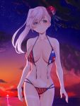  1girl american_flag_bikini asymmetrical_hair bangs bikini blue_eyes blush breasts bun_cover collarbone commentary_request eyebrows_visible_through_hair fate/grand_order fate_(series) flag_print grey_hair hair_bun large_breasts long_hair looking_at_viewer mikan_(chipstar182) miyamoto_musashi_(fate/grand_order) miyamoto_musashi_(swimsuit_berserker)_(fate) navel night open_bikini open_clothes outdoors parted_lips ribbon single_hair_intake smile solo swept_bangs swimsuit 