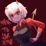  1girl breasts character_name closed_mouth collared_shirt demon_girl demon_horns demon_tail hands_on_hips helltaker highres horns large_breasts looking_at_viewer malina_(helltaker) messy_hair red_eyes red_shirt rubyling92 shirt short_hair solo tail white_hair 