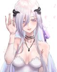  1girl bare_shoulders blue_hair blush breasts detached_sleeves dress expulse eyelashes hair_between_eyes highres horns long_hair looking_at_viewer medium_breasts necktie original parted_lips purple_ribbon ribbon solo strapless strapless_dress upper_body violet_eyes white_background 