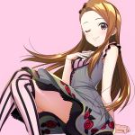  1girl black_dress blush brown_hair dress feet_out_of_frame flower forehead hairband highres idolmaster idolmaster_(classic) idolmaster_million_live! idolmaster_million_live!_theater_days lips long_hair looking_at_viewer mikapoe minase_iori one_eye_closed pink_background red_eyes simple_background sitting sleeveless smile solo thigh-highs zettai_ryouiki 