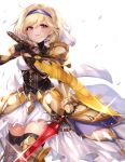  1girl 40_(0f0urw) absurdres armor black_gloves blonde_hair blush chrysaor_(granblue_fantasy) djeeta_(granblue_fantasy) dual_wielding gloves granblue_fantasy headband highres holding holding_sword holding_weapon open_mouth pauldrons short_hair shoulder_armor smile solo sword thigh-highs weapon white_background yellow_eyes 