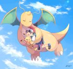  1boy :d baseball_cap black_hair blue_shorts blue_sky carrying closed_eyes clouds cloudy_sky commentary_request creature dragon dragonite episode_number flying gen_1_pokemon hat highres holding holding_pokemon looking_at_another mei_(maysroom) no_socks number one_eye_closed open_mouth pikachu pokemon pokemon_(anime) pokemon_(creature) pokemon_swsh_(anime) red_headwear satoshi_(pokemon) shirt shoes shorts signature sky smile upper_teeth white_shirt 