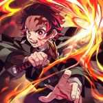 1boy angry blood blood_on_face bloody_hands buttons collar ear_piercing earrings facial_scar fingernails fire forehead_scar highres holding holding_sword holding_weapon japanese_clothes jewelry kamado_tanjirou katana ke02152 kimetsu_no_yaiba long_sleeves looking_at_viewer open_mouth piercing red_eyes redhead scar simple_background solo sword teeth upper_body weapon 