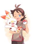  1boy :d black_hair black_pants black_shirt blue_eyes blush commentary_request cowboy_shot dark_skin dark_skinned_male episode_number gen_8_pokemon gou_(pokemon) highres holding holding_poke_ball holding_pokemon looking_at_viewer male_focus mei_(maysroom) number one_eye_closed open_mouth pants poke_ball poke_ball_(generic) pokemon pokemon_(anime) pokemon_(creature) pokemon_swsh_(anime) rabbit scorbunny shirt signature smile starter_pokemon upper_teeth waving white_background 