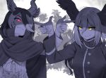  2girls animal_ears antelope_ears antelope_horns arm_at_side bald_eagle_(kemono_friends) bird_wings blackbuck_(kemono_friends) blouse cape center_frills closed_mouth collared_cape collared_jacket finger_gun_to_head finger_to_head frills hair_between_eyes hair_over_one_eye hand_up head_wings high_collar highres horizontal_pupils horns isobee jacket kemono_friends kemono_friends_3 long_sleeves looking_at_another medium_hair multicolored_hair multiple_girls red_eyes smile tsurime two-tone_hair upper_body wings yellow_eyes 