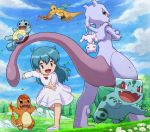  1girl :d aitwo_(pokemon) aqua_hair blue_eyes bow bulbasaur charmander chasing child clouds day dragon dragonite dress dress_bow eyebrows_visible_through_hair fearow flower from_below gen_1_pokemon grass happy legendary_pokemon long_hair mew mewtwo mythical_pokemon open_mouth outstretched_arm pokemoa pokemon pokemon_(anime) pokemon_(classic_anime) pokemon_(creature) pokemon_m01 red_bow running shiny shiny_hair sky smile squirtle starter_pokemon starter_pokemon_trio tongue 