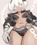  1girl belt belt_buckle breasts buckle chain cosplay dark_skin frown gauntlets glowing glowing_eyes helltaker highres judgement_(helltaker) judgement_(helltaker)_(cosplay) looking_down medium_breasts pokemon pokemon_(game) pokemon_swsh rakeem_garcia-cueto saitou_(pokemon) short_hair sketch thighs under_boob 