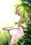  1girl bangs black_bow blurry blurry_background blurry_foreground bow breasts camisole commentary_request depth_of_field dutch_angle eyebrows_behind_hair flower flower_necklace frills from_side grass green_camisole green_eyes green_hair hair_between_eyes hand_up jewelry lying meito_(maze) morinaka_kazaki nail_polish necklace nijisanji on_back on_ground parted_lips pink_nails polka_dot polka_dot_camisole small_breasts solo upper_body virtual_youtuber 