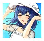 :d arms_up blue_background blue_hair blush bow brown_eyes dress gradient gradient_background half-closed_eyes hands_on_headwear hat hat_bow idolmaster idolmaster_shiny_colors long_hair looking_at_viewer morino_rinze open_mouth see-through see-through_sleeves short_sleeves sketch smile sun_hat tobade_(tbdfactory) upper_body white_dress white_headwear