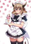  1boy absurdres apron arknights bison_(arknights) blush brown_hair cow_horns crossdressinging cup drinking_glass eyebrows_visible_through_hair food highres hinghoi horns ice_cream maid maid_apron maid_dress otoko_no_ko solo strawberry_background sundae sweatdrop thighs tray violet_eyes 