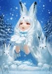  1girl :3 :d animal animal_ear_fluff animal_ears arctic_hare_(kemono_friends) capelet commentary eyebrows_visible_through_hair fur-trimmed_capelet fur_trim highres kemono_friends lain long_hair looking_up mittens open_mouth outdoors pantyhose rabbit rabbit_ears red_eyes sitting smile snow snowing solo wariza white_capelet white_hair white_legwear white_mittens 