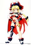  1990s_(style) 1girl bikini blonde_hair boots braid chip-chan_kick! copyright copyright_name full_body gloves hat highres long_hair millie_(chip-chan_kick!) official_art pauldrons pirate_hat pointy_ears shoulder_armor simple_background single_braid single_thighhigh smile solo standing swimsuit thigh-highs white_background yanagi_hirohiko yellow_eyes 