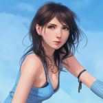  1girl arm_ribbon bangs black_hair black_ribbon blue_sky breasts brown_eyes closed_mouth day final_fantasy final_fantasy_viii highres jewelry lips long_hair medium_breasts miura-n315 necklace outdoors parted_bangs ribbon ring_necklace rinoa_heartilly sky sleeveless solo upper_body 