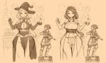  2girls armor bangs blush breasts covered_navel flask hat kazo large_breasts long_hair monochrome multiple_girls multiple_views naughty_face original pelvic_curtain smile swept_bangs sword tagme weapon wizard_hat 