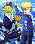  1boy arm_up balloon black_pants blonde_hair blue_eyes blue_jacket closed_mouth denji_(pokemon) electricity gen_1_pokemon gen_4_pokemon gym_leader hand_in_pocket jacket jolteon light_frown looking_at_viewer looking_back luxray pants pokemoa pokemon pokemon_(creature) pokemon_(game) pokemon_dppt raichu spiky_hair tiles v-shaped_eyebrows 