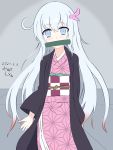  alternate_costume blue_eyes cosplay dated hair_ornament haori hibiki_(kantai_collection) japanese_clothes kamado_nezuko kamado_nezuko_(cosplay) kantai_collection kimetsu_no_yaiba kimono long_hair meturyusinzero mouth_hold signature white_hair yukata 