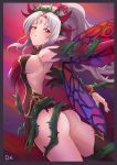  1girl ass breasts deekei fairy_wings fire_emblem fire_emblem_heroes from_behind grey_hair highres long_hair looking_back parted_lips plumeria_(fire_emblem) pointy_ears ponytail red_eyes sideboob solo thorns wings 