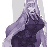  bbhoteppu black_vest breasts buttons fate/stay_night fate_(series) highres large_breasts long_hair mask monochrome necktie purple_theme rider very_long_hair vest 